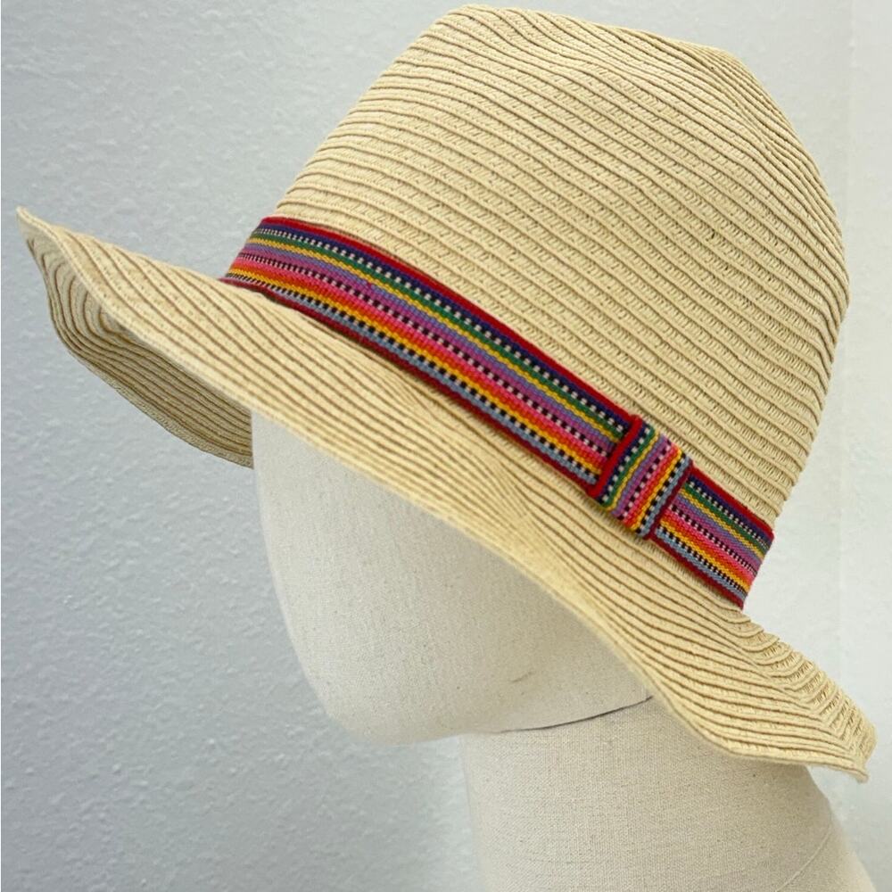Women’s Straw Floppy Sun Hat Beige Multicolor Band Wide Brim Boho
